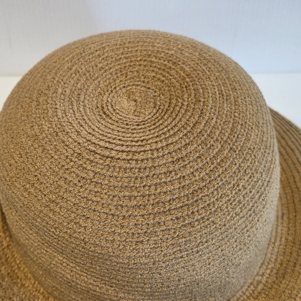 Vintage Kokin Straw Sun Hat Wide Brim Cap Beige Couture Round Crown Packable OS - Picture 10 of 16